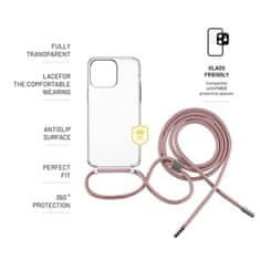 FIXED Kryt na mobil Pure Neck s růžovou šňůrkou na krk pro Apple iPhone 15 Pro Max - průhledný