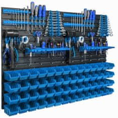 botle Závěsný panel na nářadí 115x78cm s 56 ks. Krabic Nástěnný Modré Boxy se sadou držáků plastová